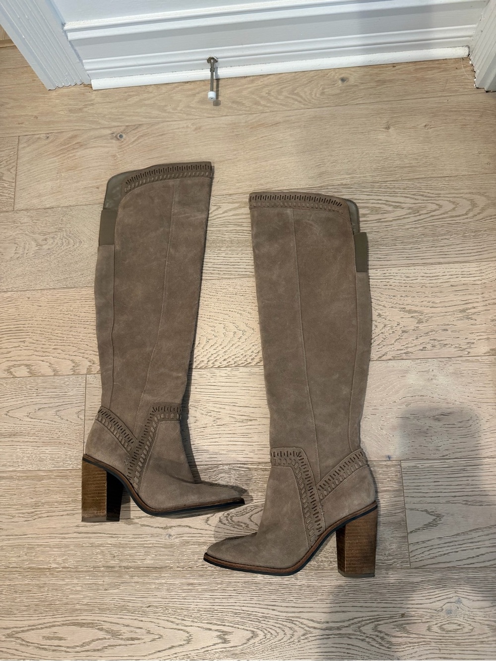 Vince Camuto Taupe Suede Knee-High Block Heel Boots